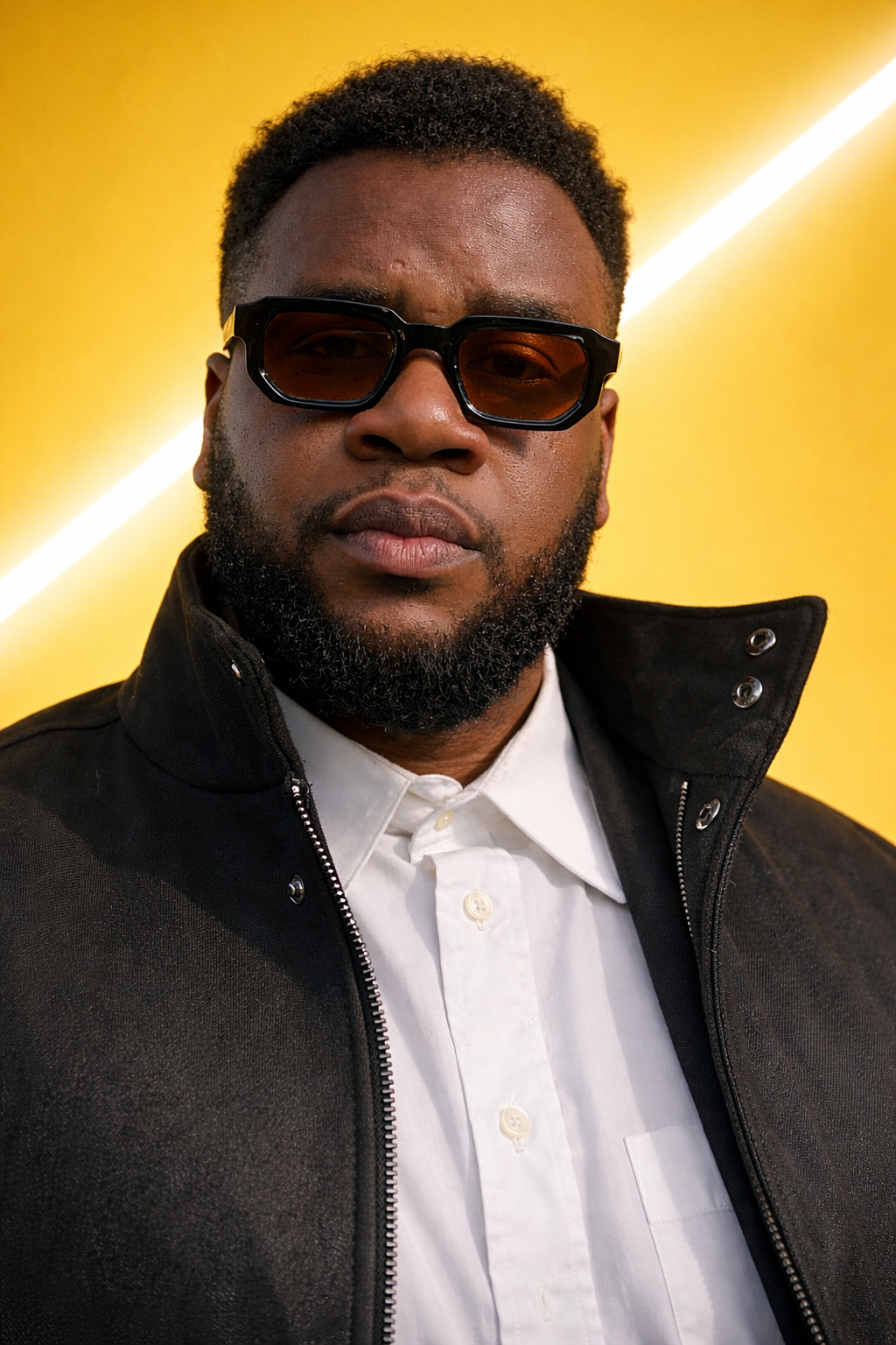 Portrait du fondateur de Ghost Partners, lunettes de soleil et veste noire, sur fond jaune