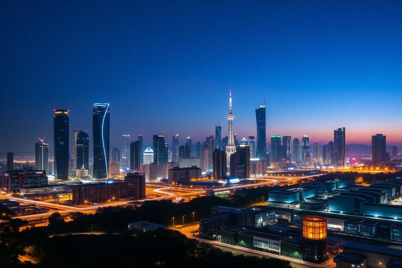 Quartier industriel et skyline d'une ville manufacturière chinoise en fin de journée