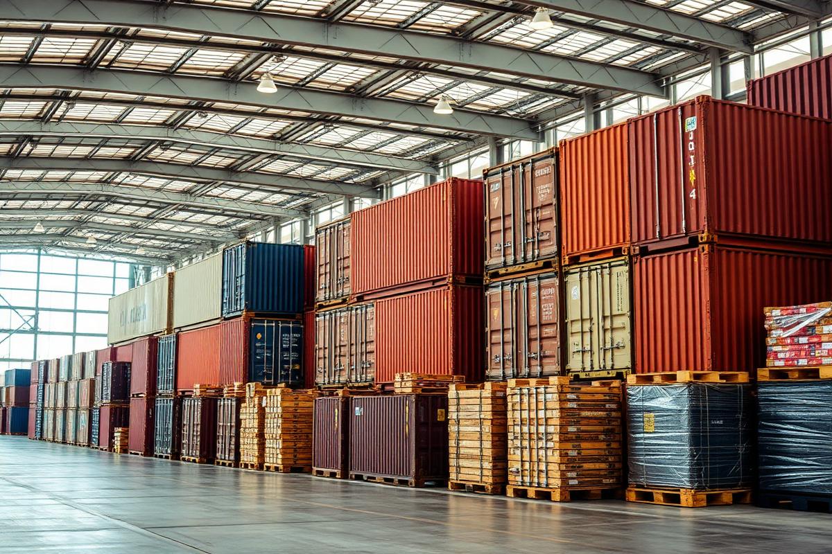 Conteneurs maritimes et palettes filmées rangés dans un entrepôt logistique
