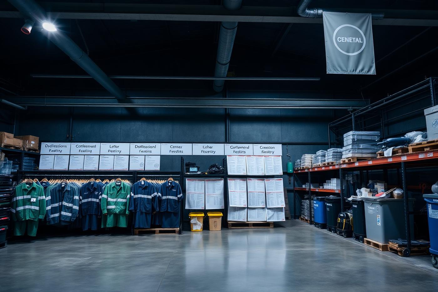 Textiles professionnels, signalétique et équipements opérationnels rangés dans un entrepôt