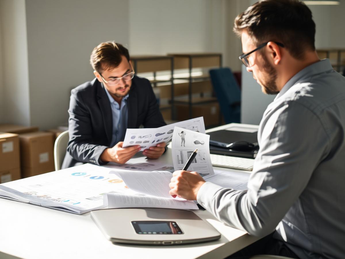 Deux professionnels examinent des échantillons et des fiches techniques produit sur une table de travail
