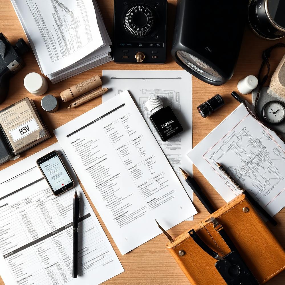Documents de spécifications techniques, plans et échantillons disposés sur un bureau